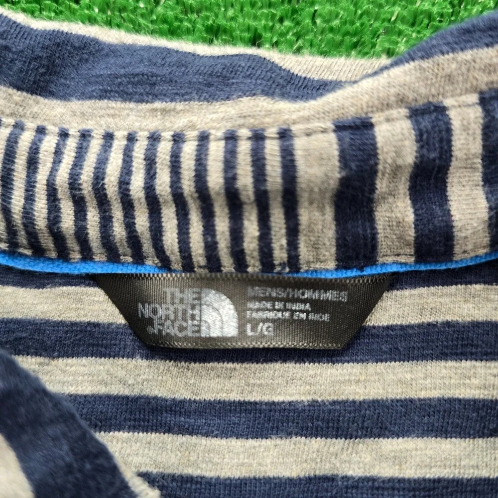 The North Face Polo Shirt Mens‎ Large Navy Blue Grey Striped Pocket Tee Outdoors